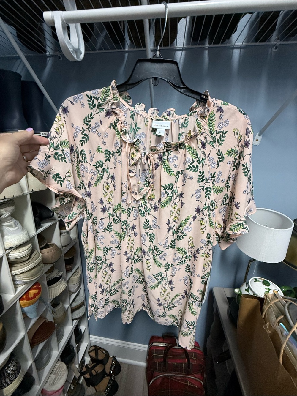 Liz Claiborne Blush Floral Ruffle Tie-Neck Blouse